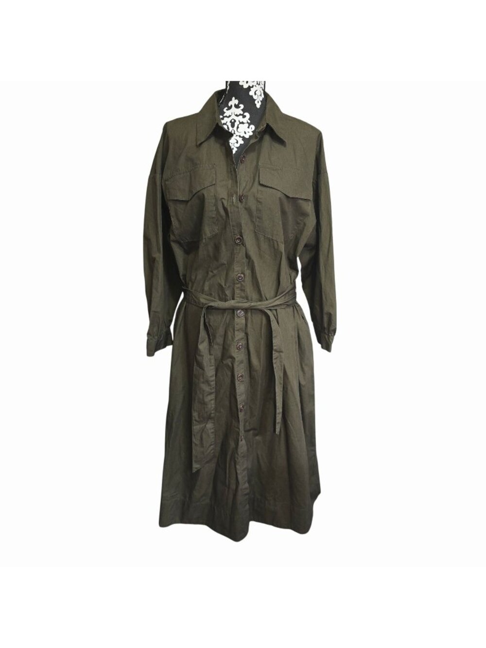Medium Button-Front Midi Dress Army Olive Green Belted Long-Sleeve 100% Cotton